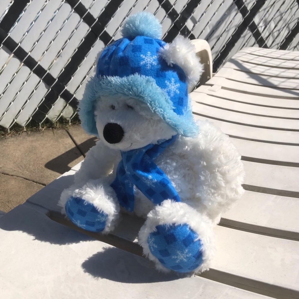 Soft White and Blue Winter Furry Bear With Hat NOWT